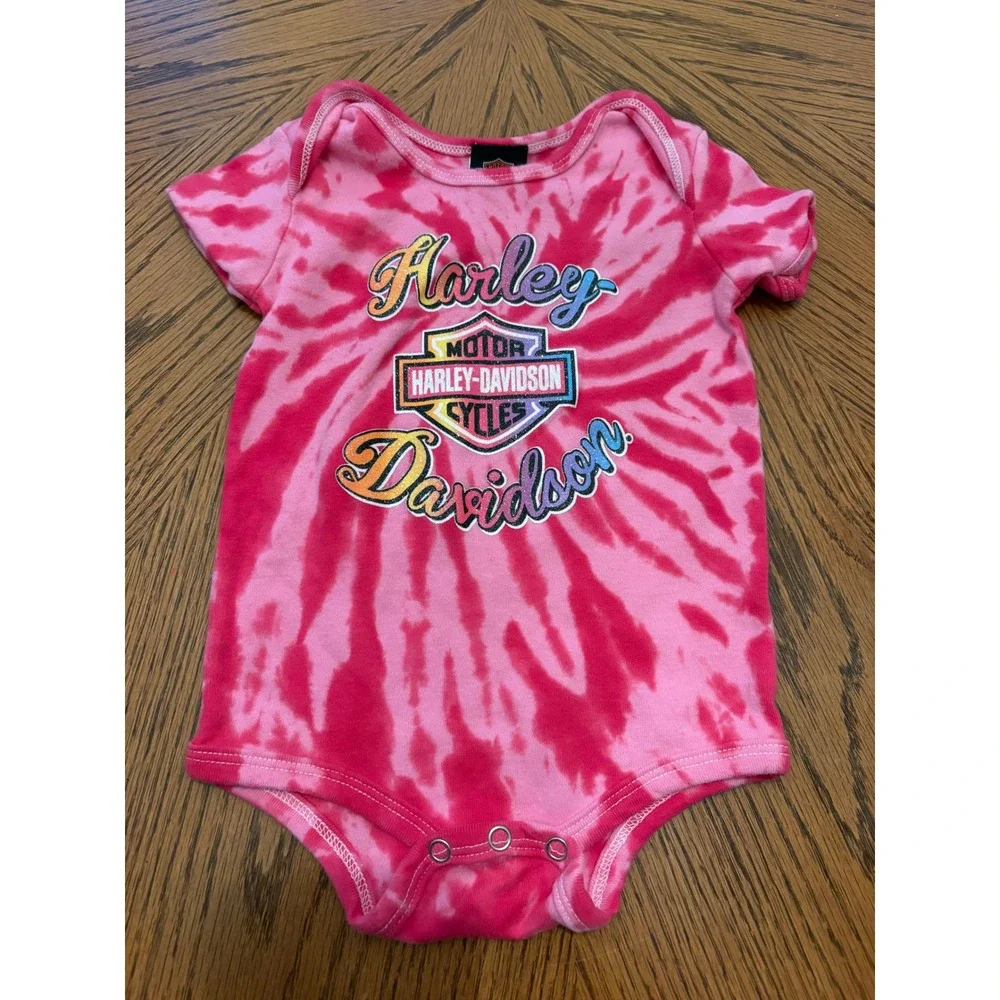 Harley-Davidson Baby Girls Pink Tie Dye Glitter Logo Bodysuit 6/9M Cotton